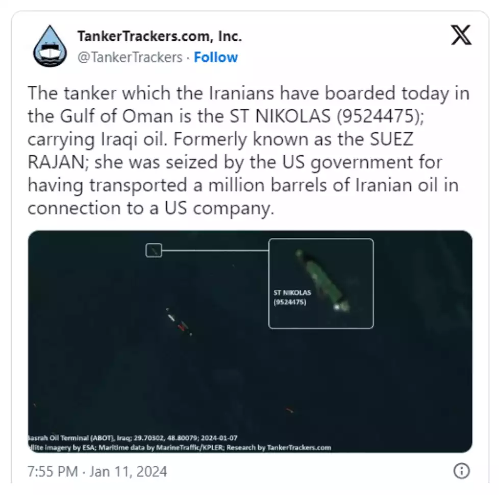 Tweet mentioning location of U.S. oil tanker